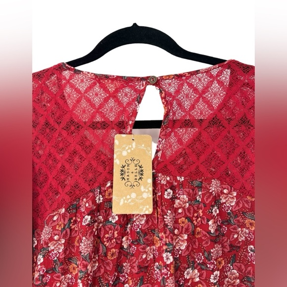 NWT Mason & Belle Red Floral Long Sleeve Top with Lace S - Picture 6 of 6